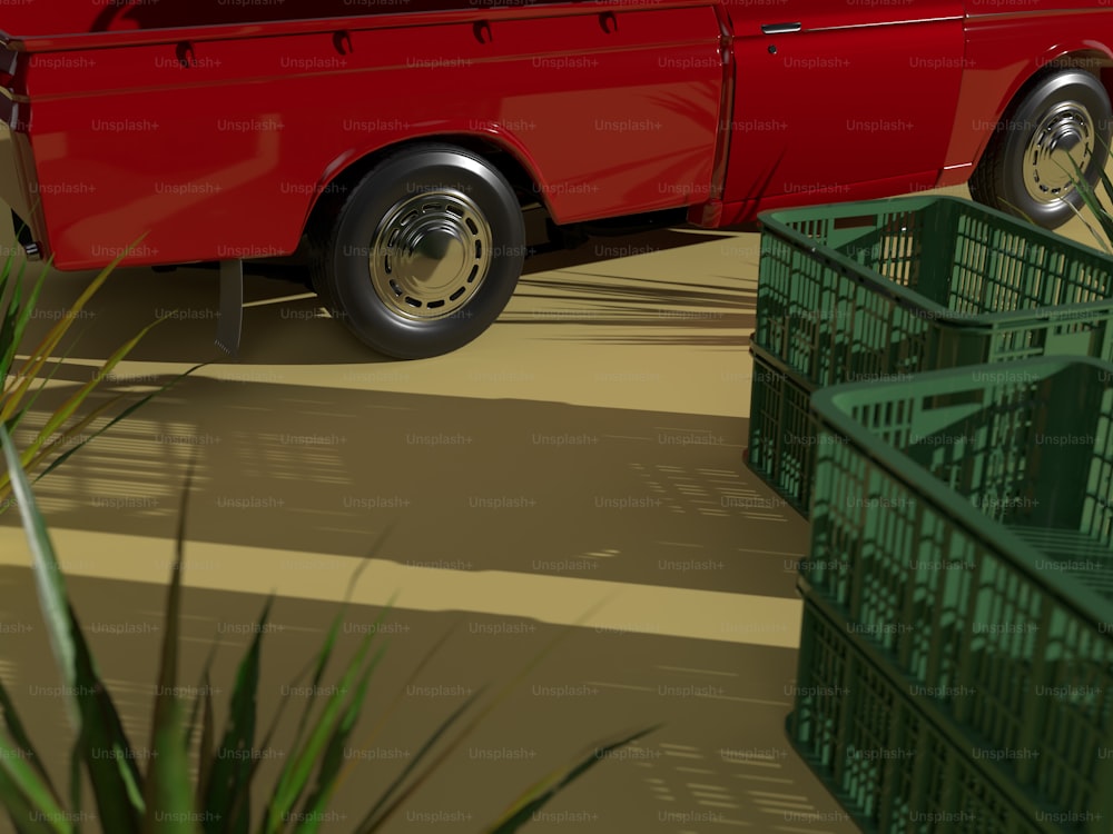 a red truck parked next to a green crate