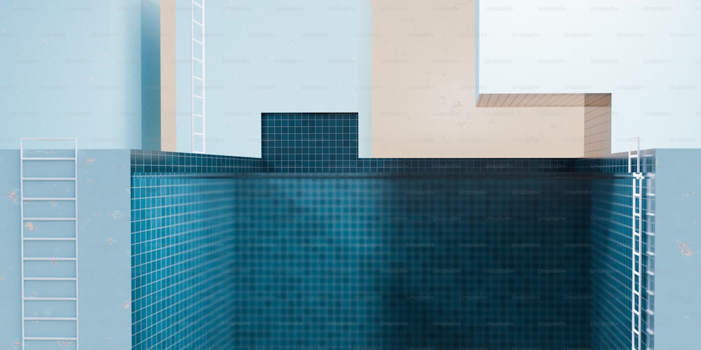 ein blau gefliestes Badezimmer mit einer Leiter, die die Wand hinaufführt