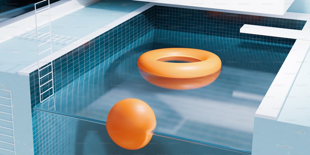 an orange object floating in a pool of water