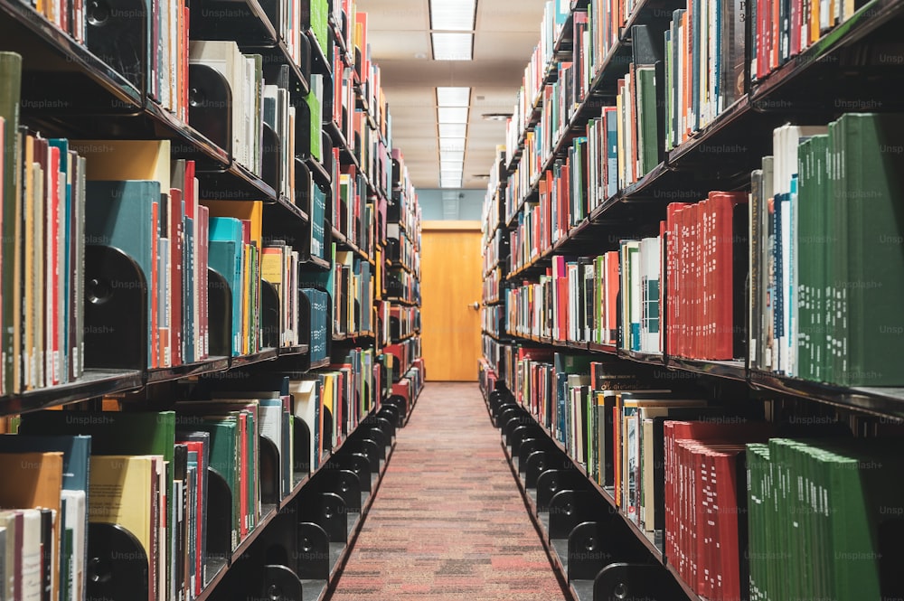 Una lunga fila di libri in una biblioteca