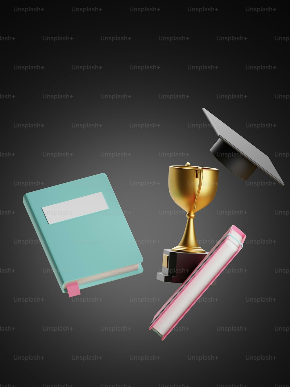 um boné de formatura, um livro, uma caneta e um troféu