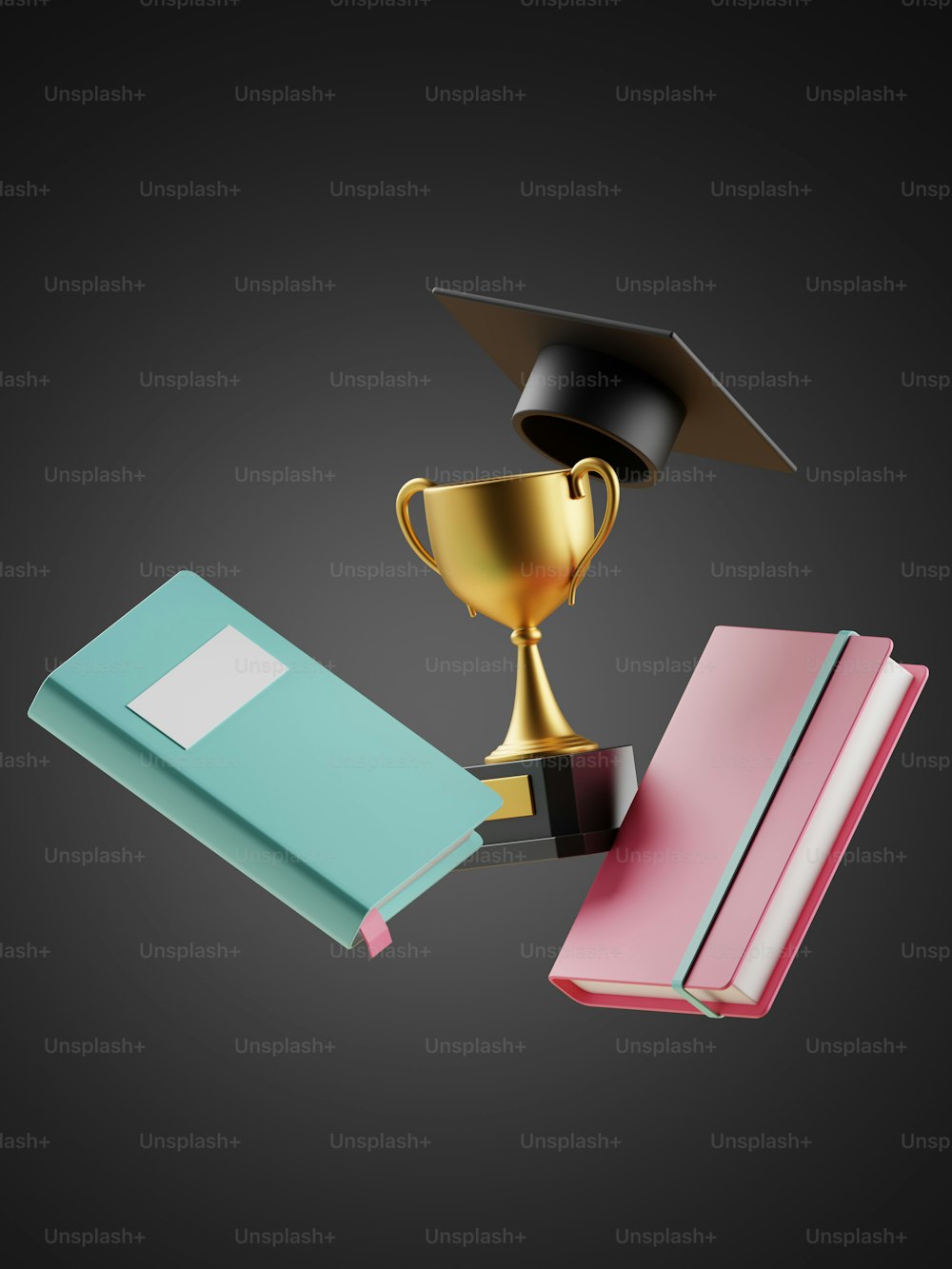 a book and a gold trophy on a black background