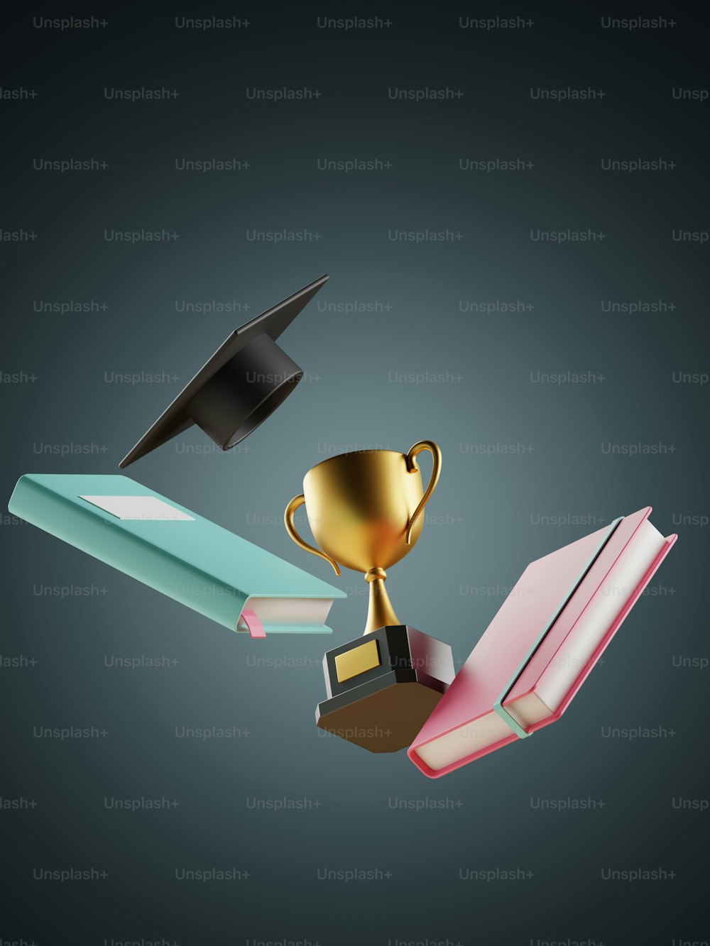 a graduation cap, book, and trophy flying through the air