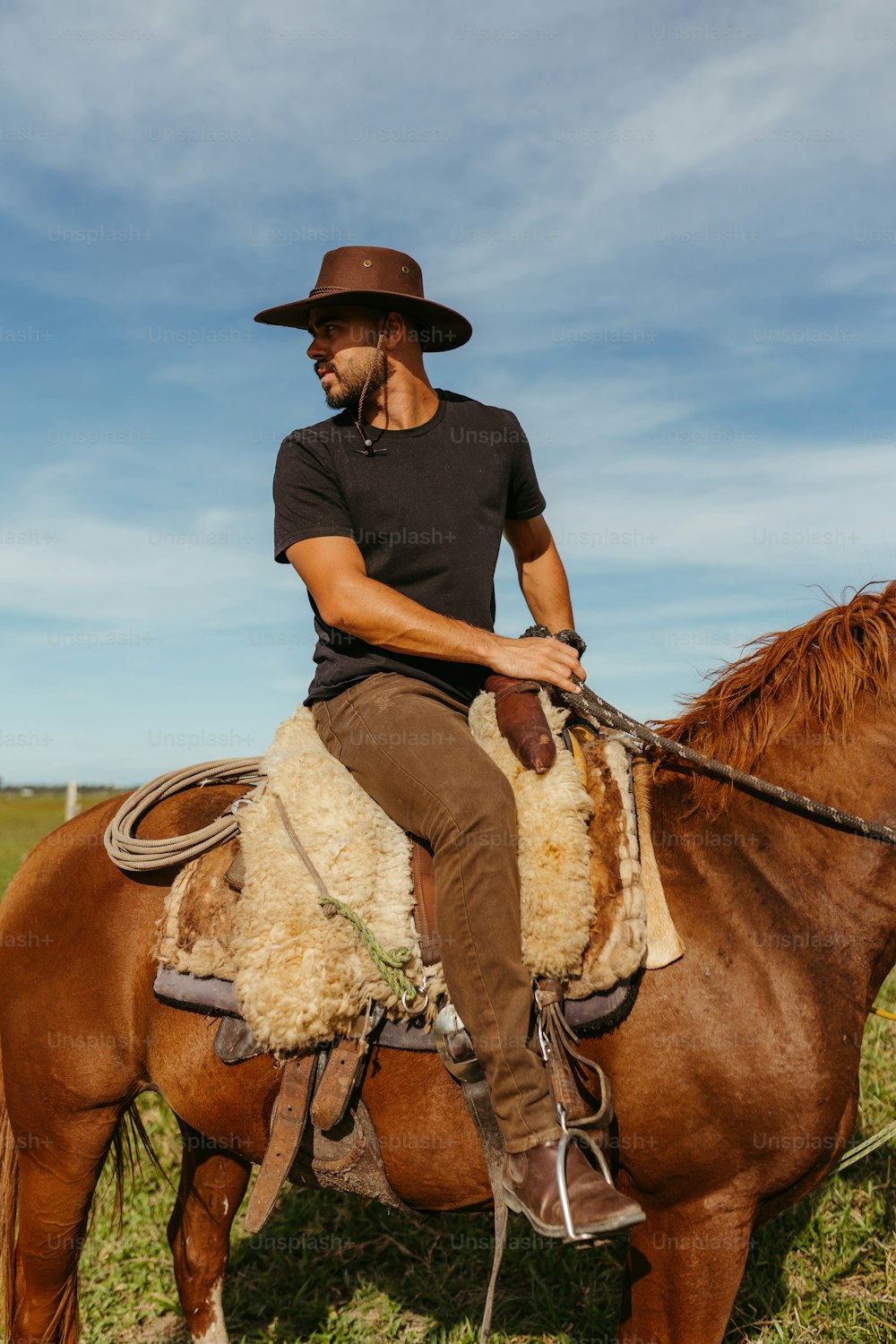 um homem sentado em um cavalo em um campo