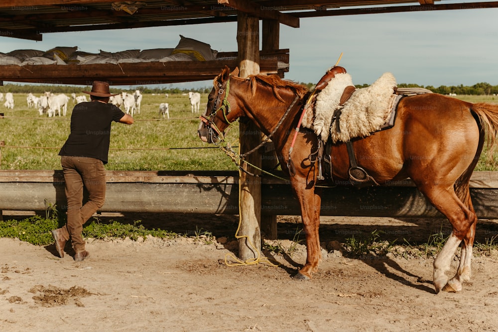um homem de pé ao lado de um cavalo marrom