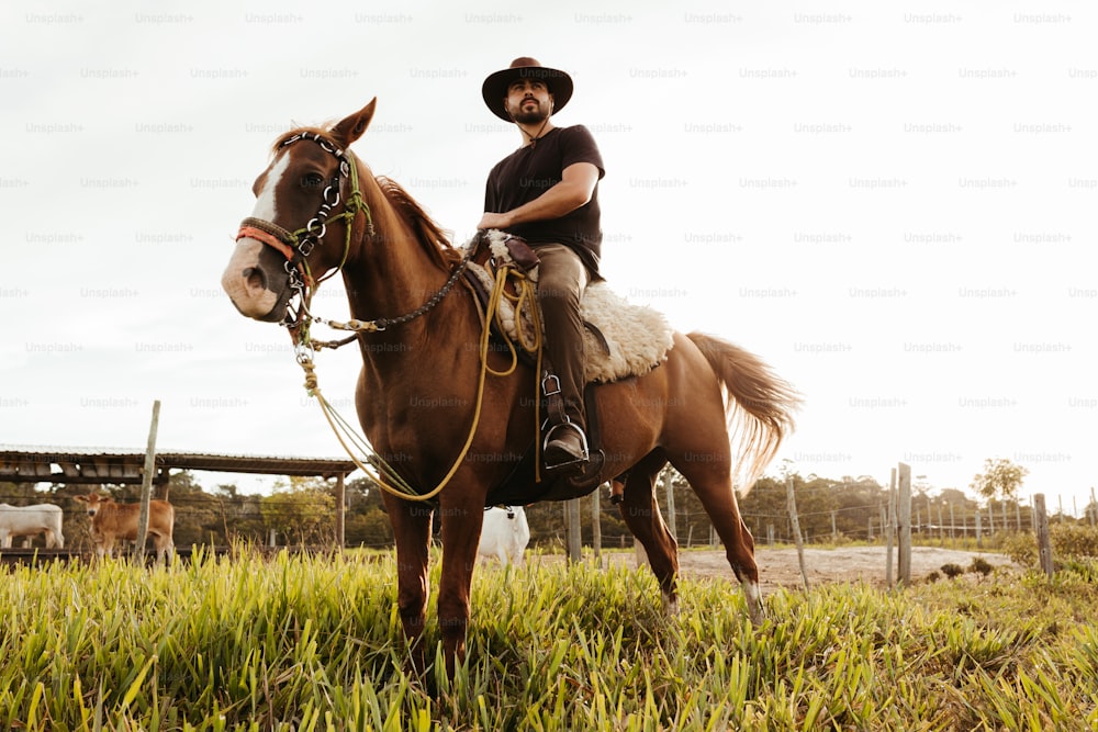 Un uomo in un cappello da cowboy che cavalca un cavallo