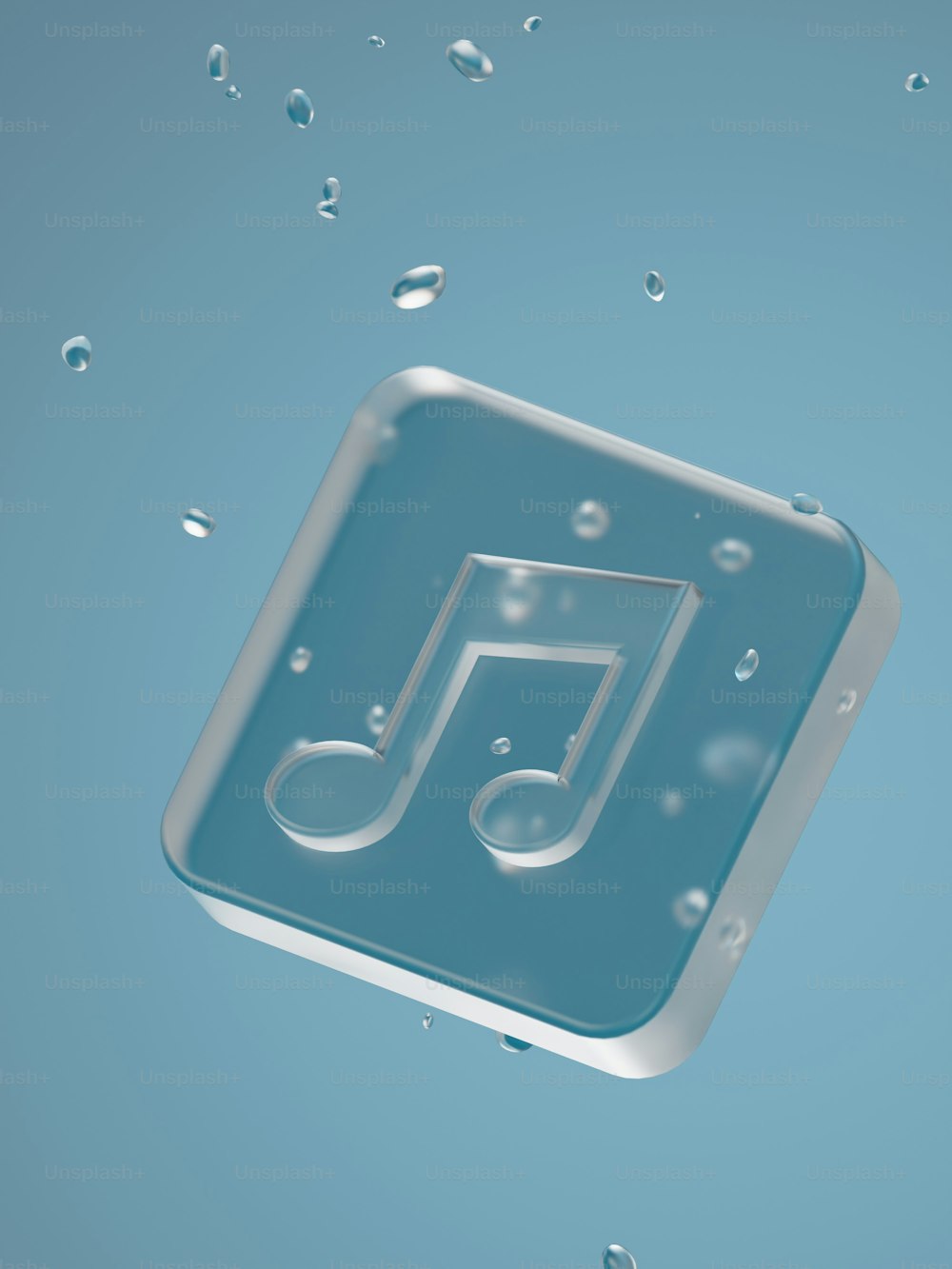 Una nota musical flotando en el agua sobre un fondo azul