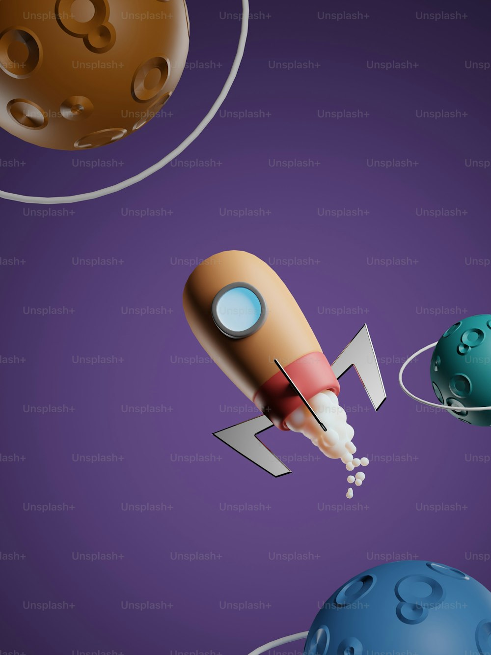 a rocket launching into space with other planets around it