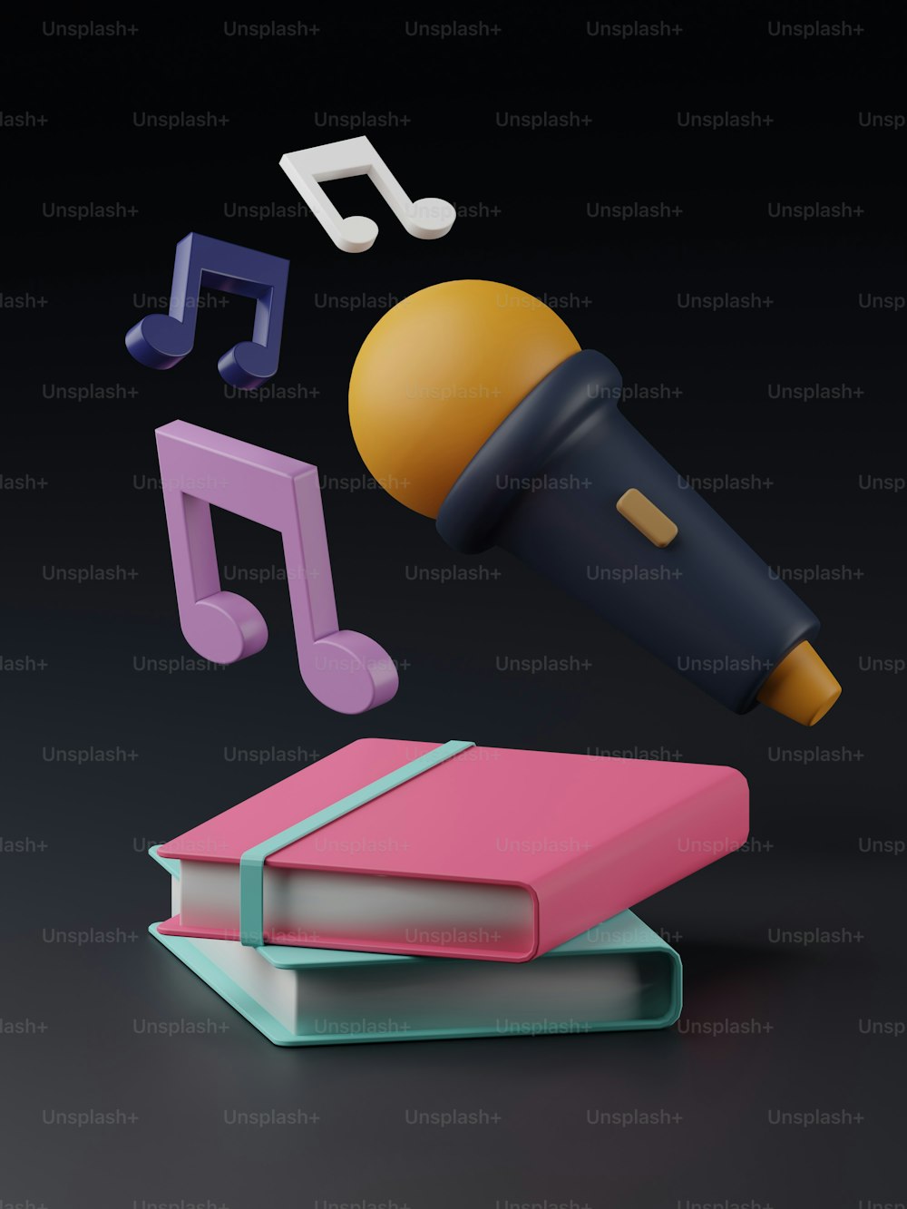un micrófono y un libro con notas musicales que salen de él