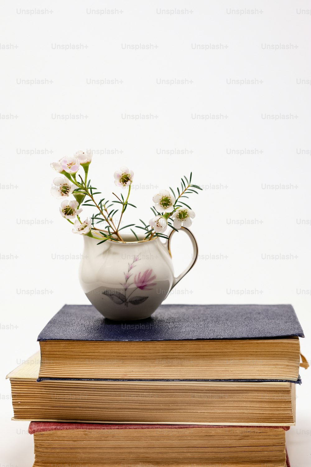 책 더미 위에 앉아 있는 꽃병