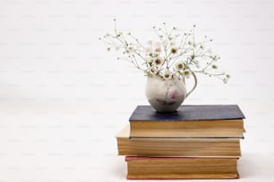 um vaso com flores sentado em cima de uma pilha de livros