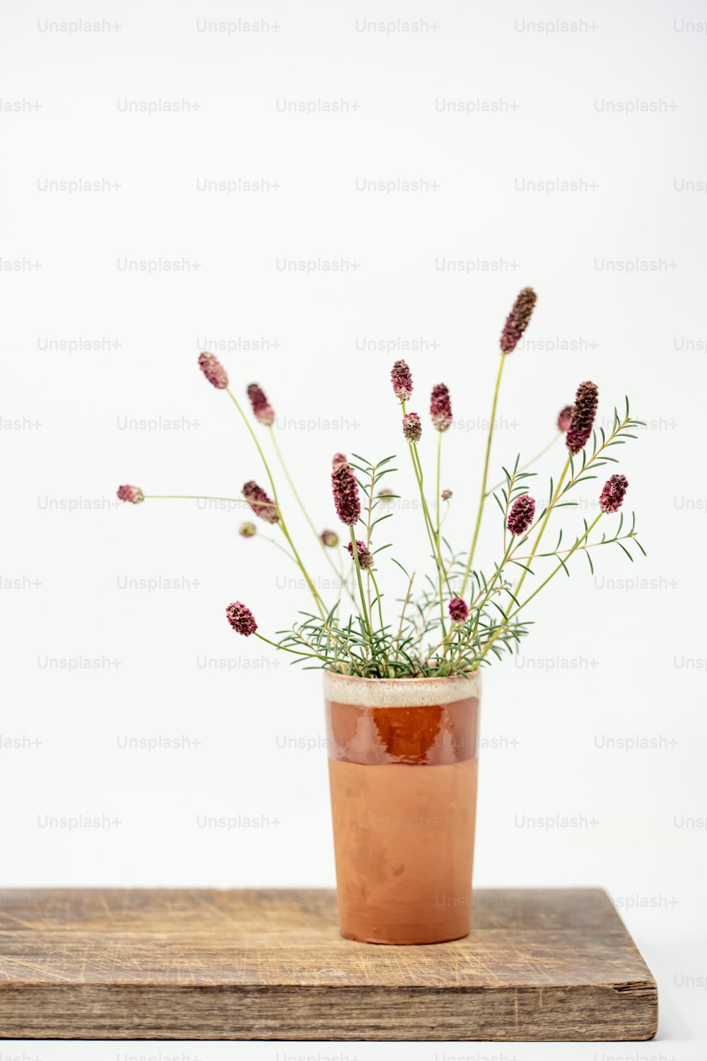 eine Vase mit einigen Blumen darauf auf einem Tisch