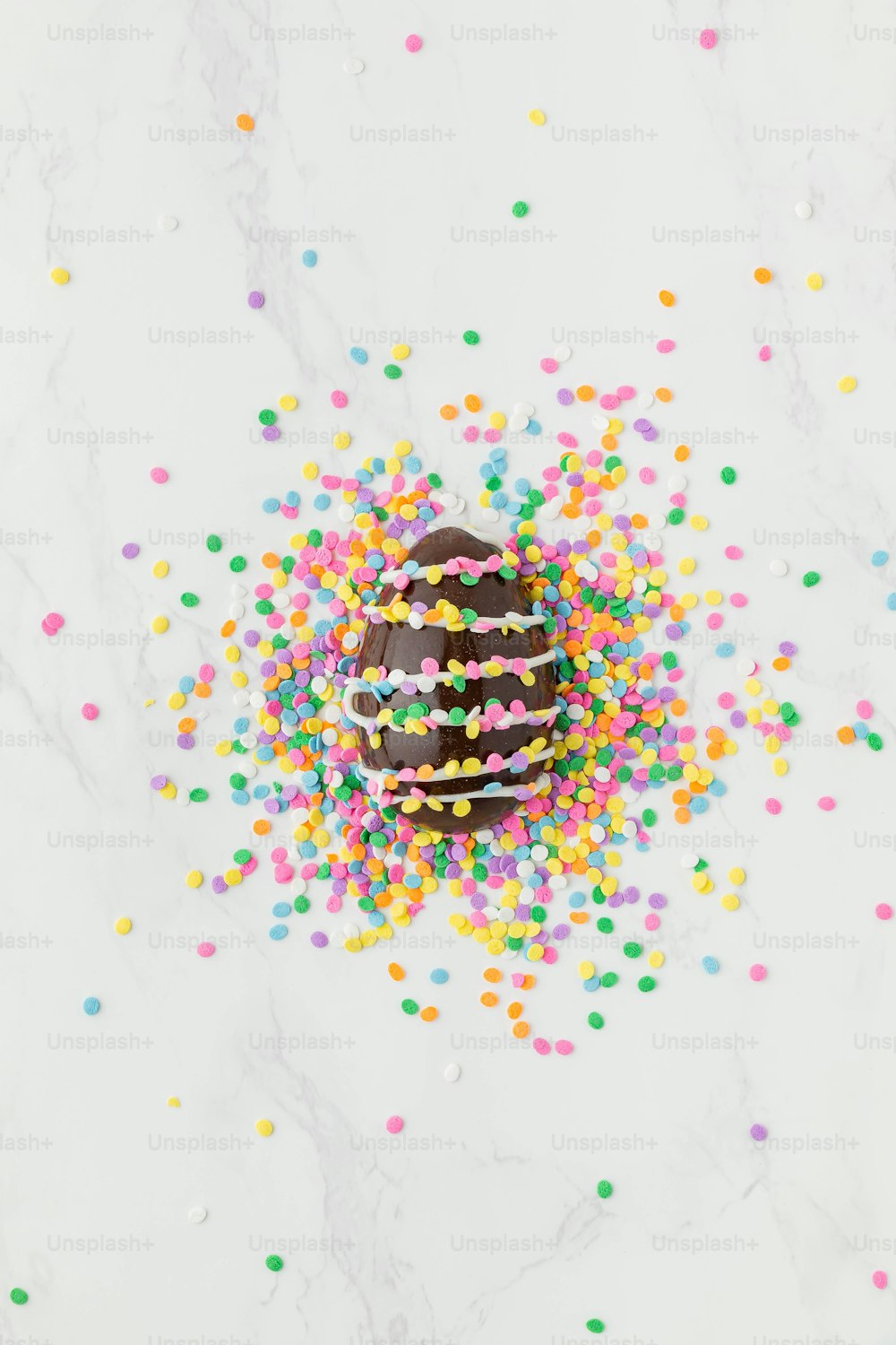 a chocolate easter egg surrounded by sprinkles