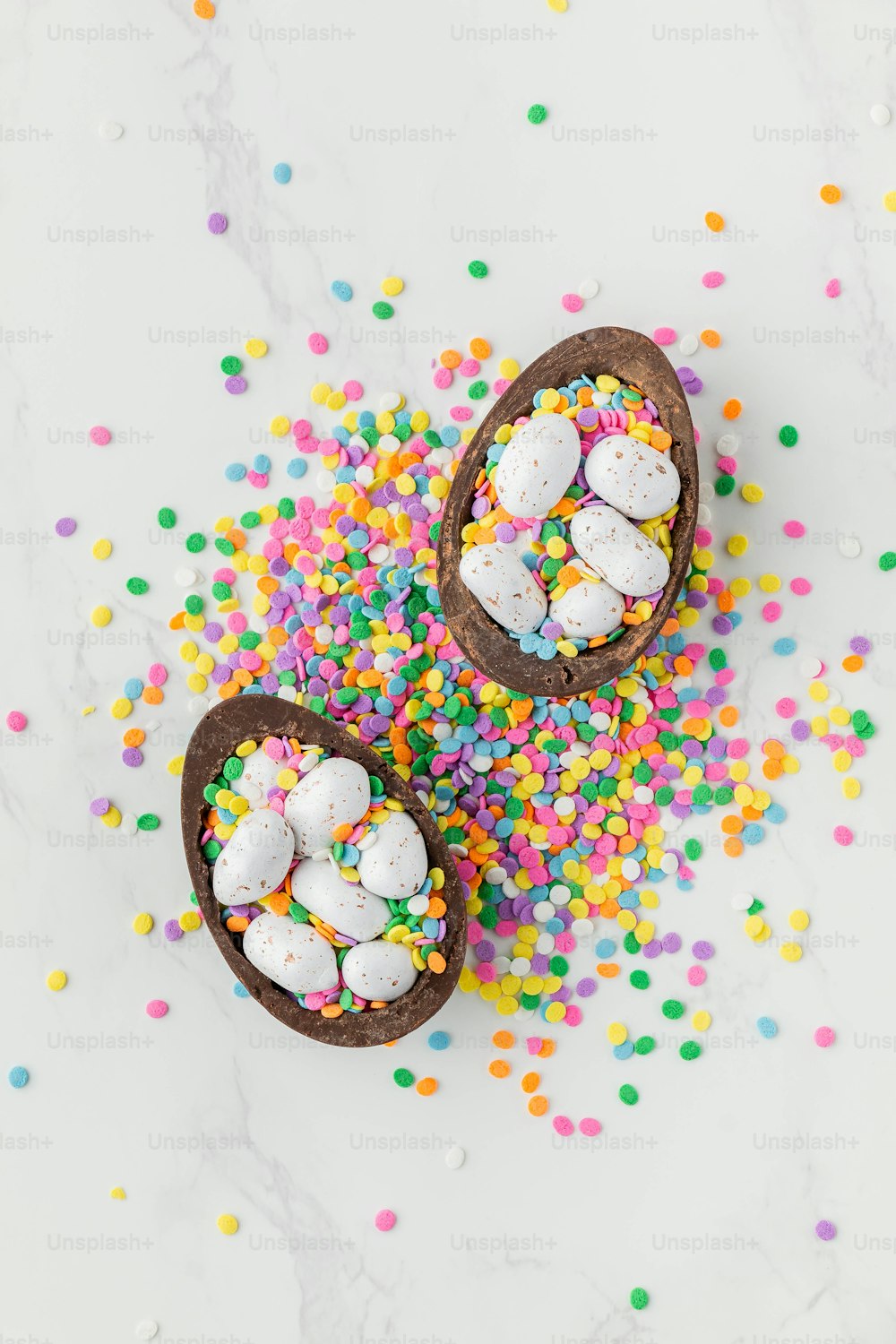 two chocolate bowls filled with colorful sprinkles