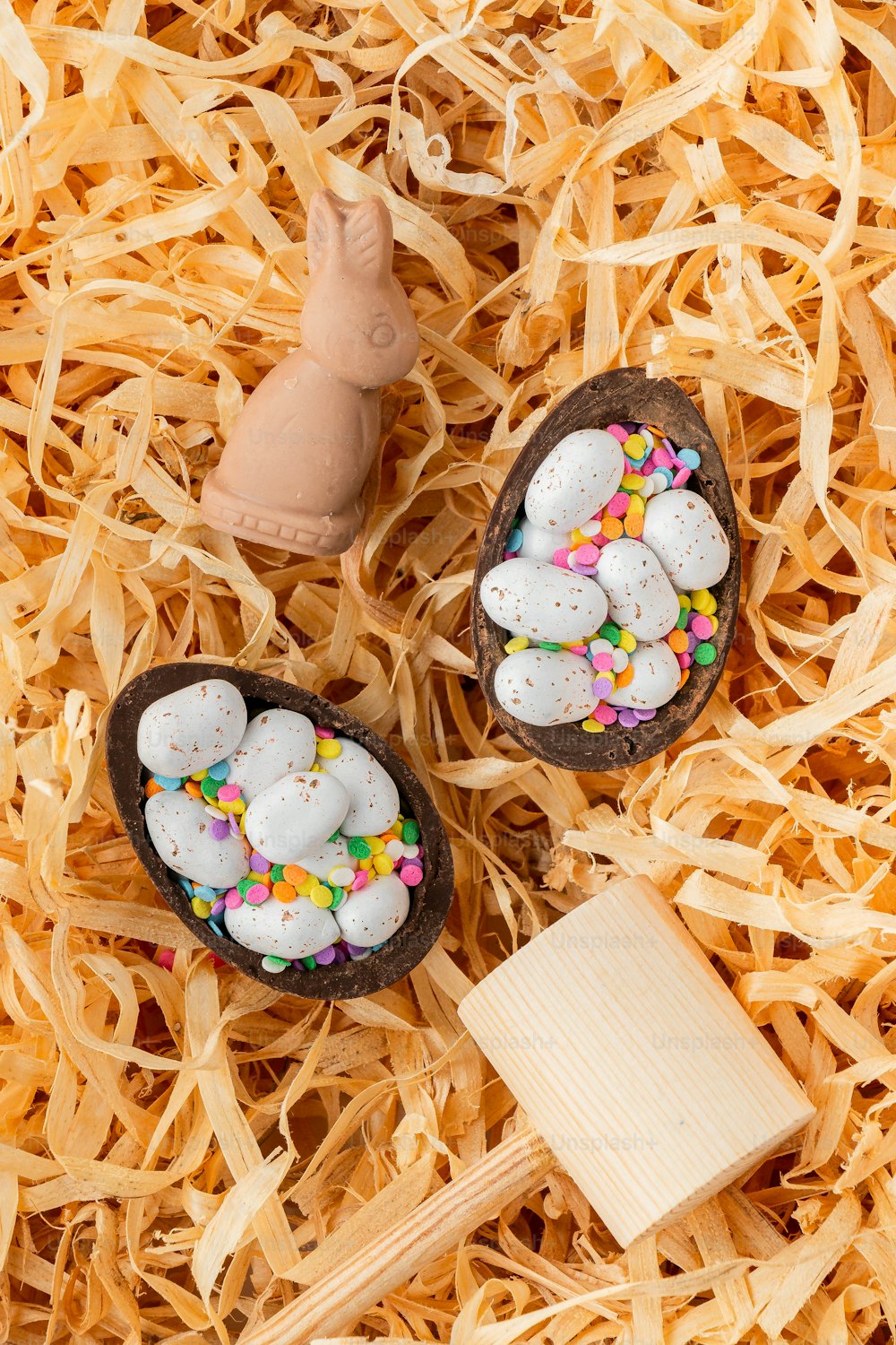 two small chocolate eggs with marshmallows in them
