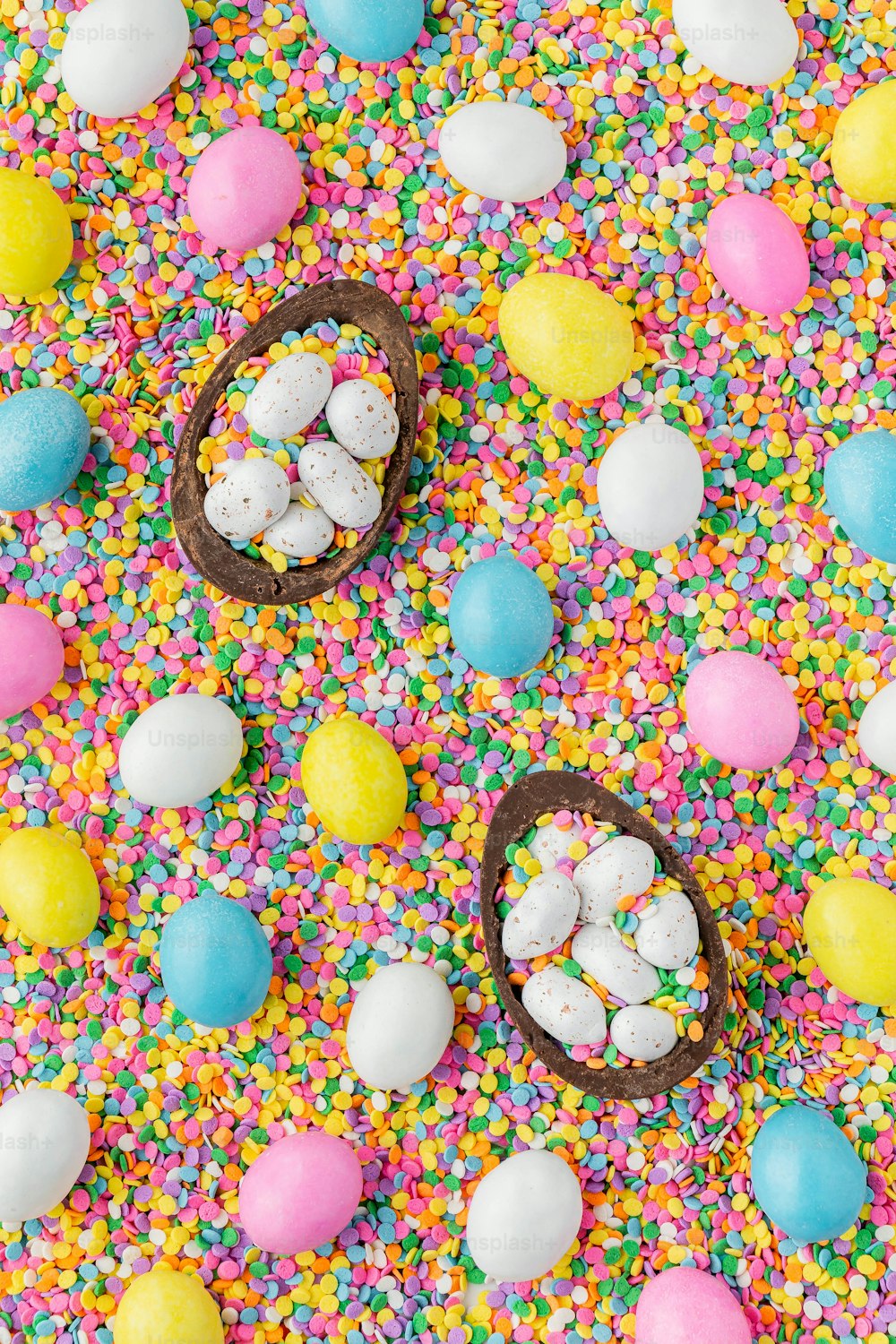 colorful sprinkles and eggs in small baskets on a table