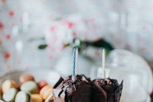 a couple of chocolate cakes sitting on top of a plate