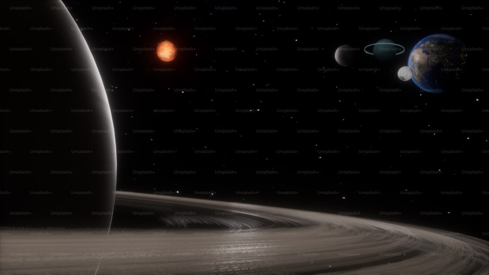 uma representação artística de um sistema solar com quatro planetas ao fundo