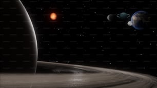 Rappresentazione artistica di un sistema solare con quattro pianeti sullo sfondo