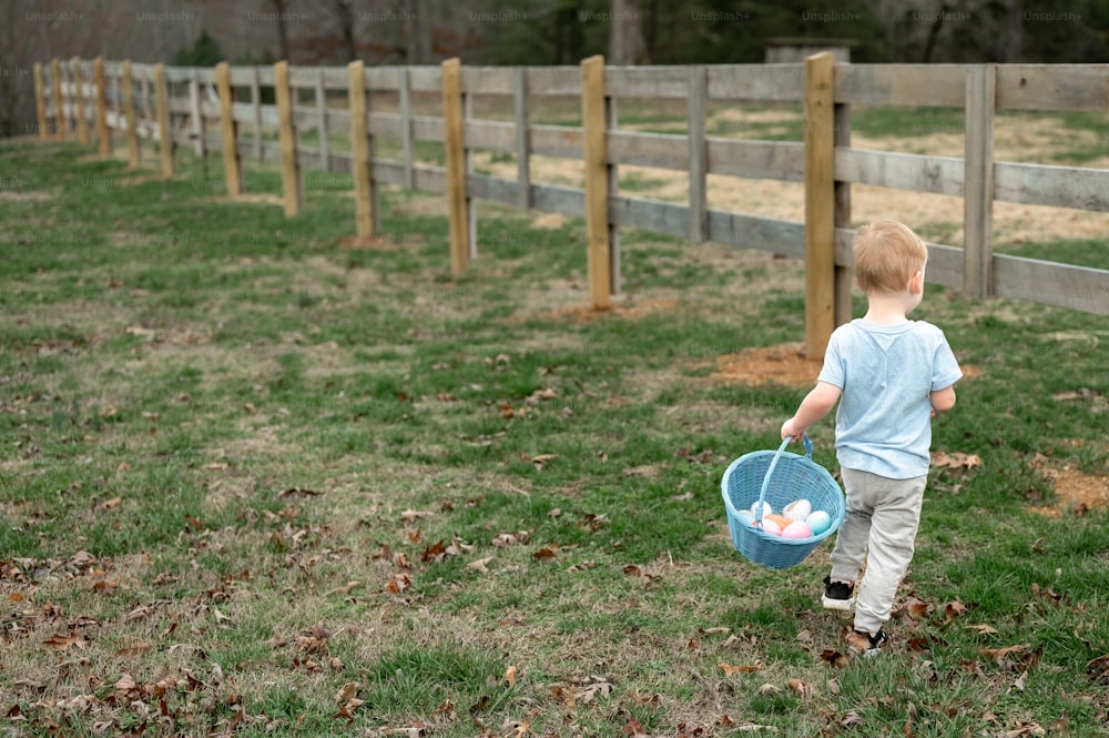 a little boy carrying a basket of eggs