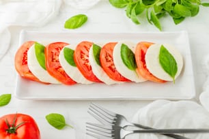 tomates fatiados e mussarela em um prato branco
