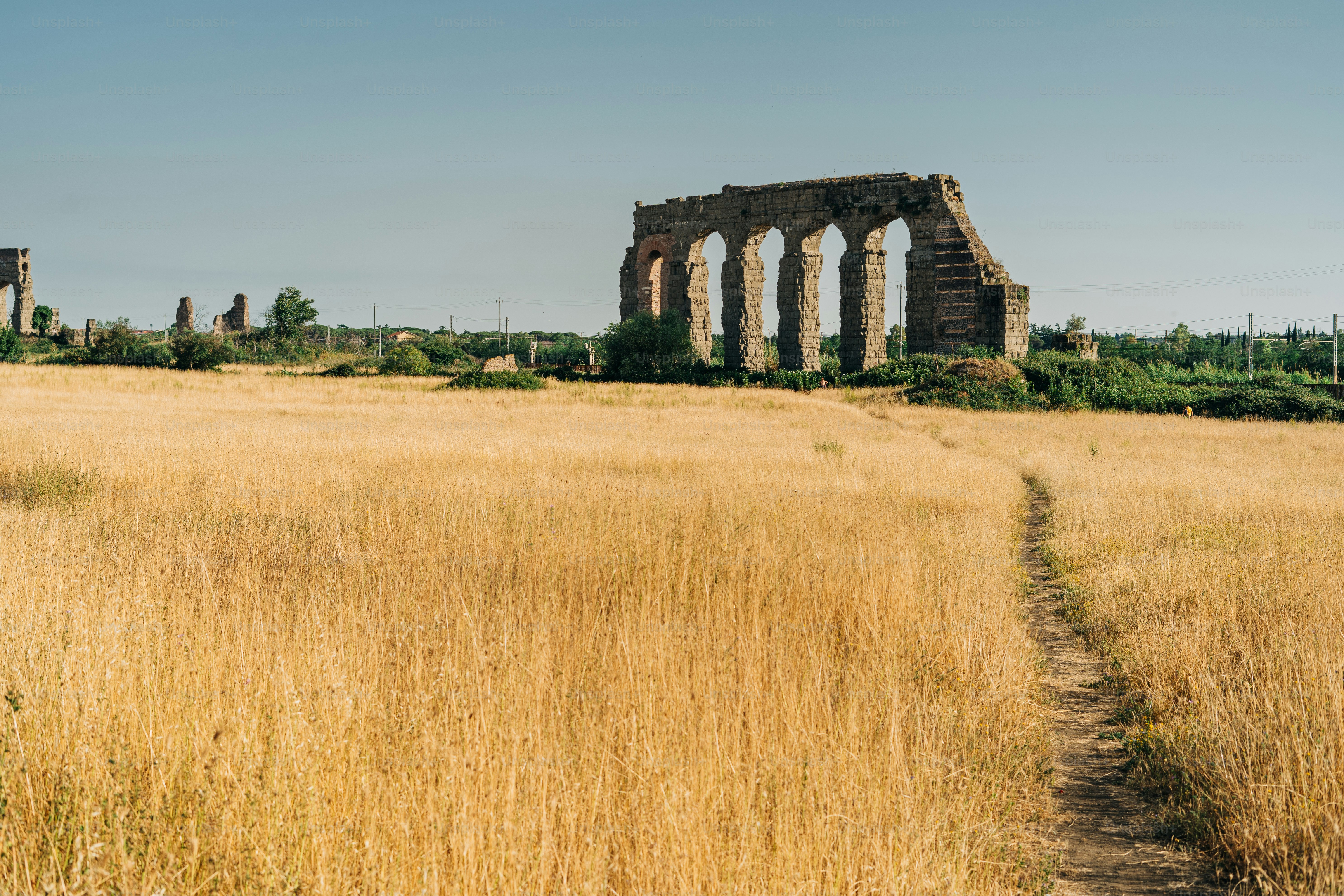 a grassy field with a stone structure in the background