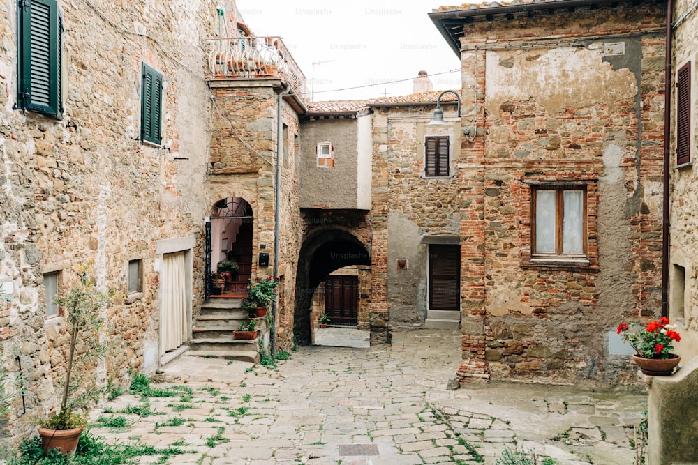 a cobblestone street in a small village