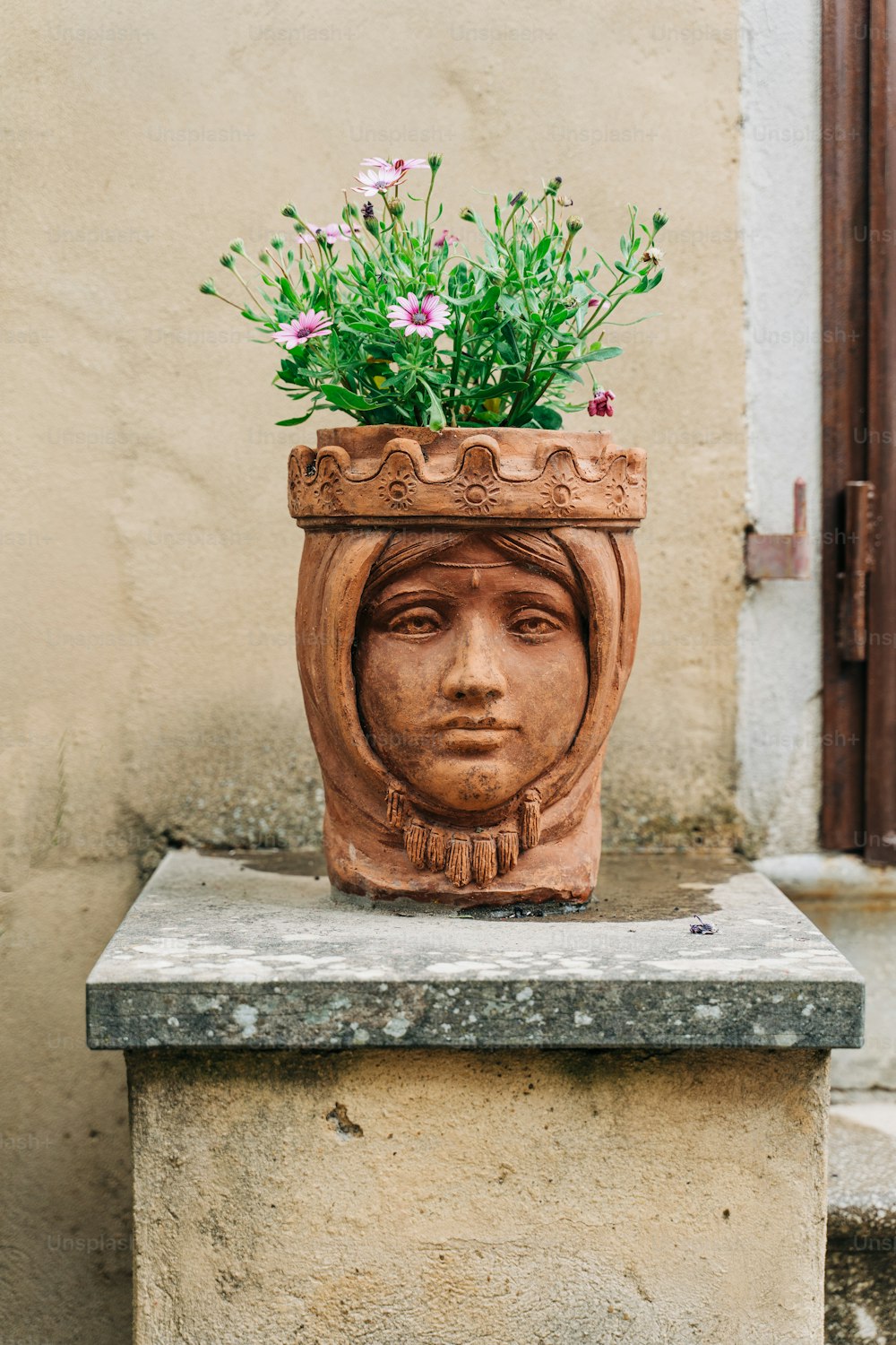 a potted planter with a face on it