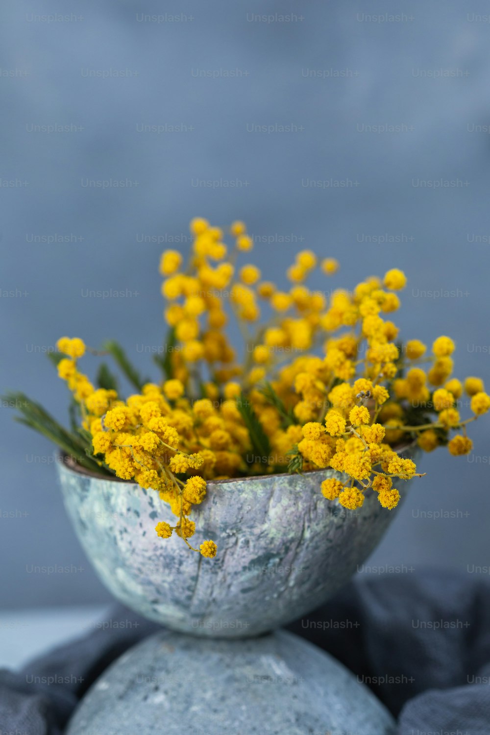 Un jarrón lleno de flores amarillas sentado en la cima de una roca