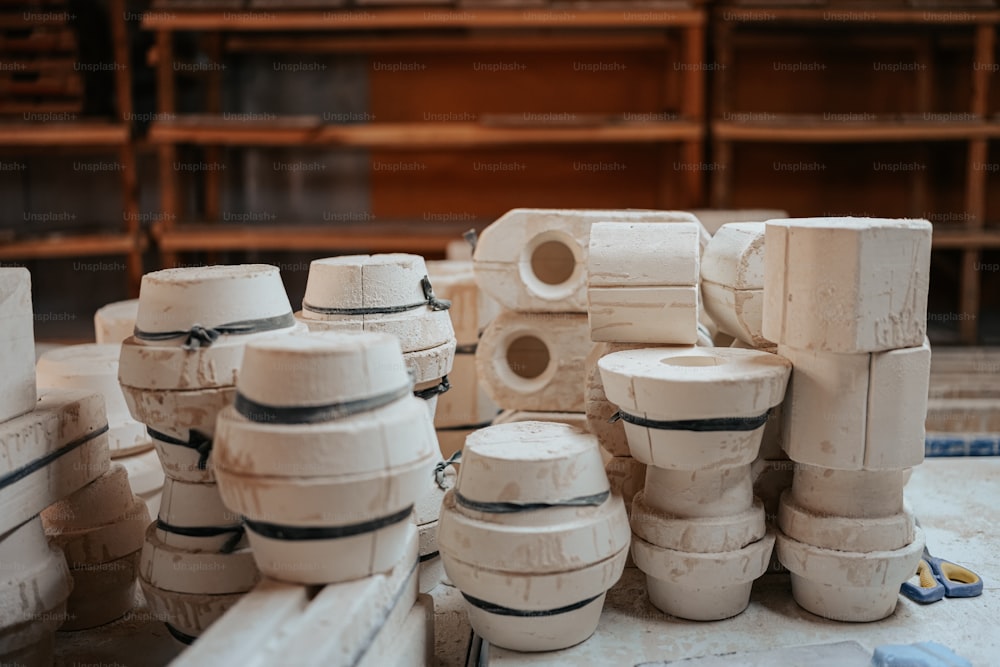 a group of white toilet bowls sitting on top of a table