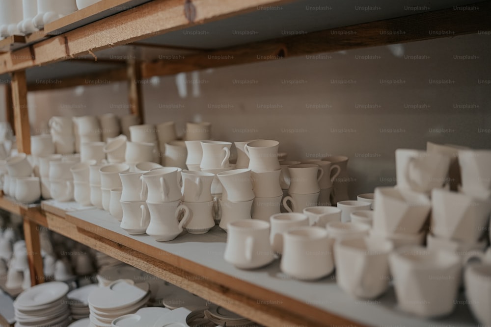 a shelf filled with lots of white cups and saucers