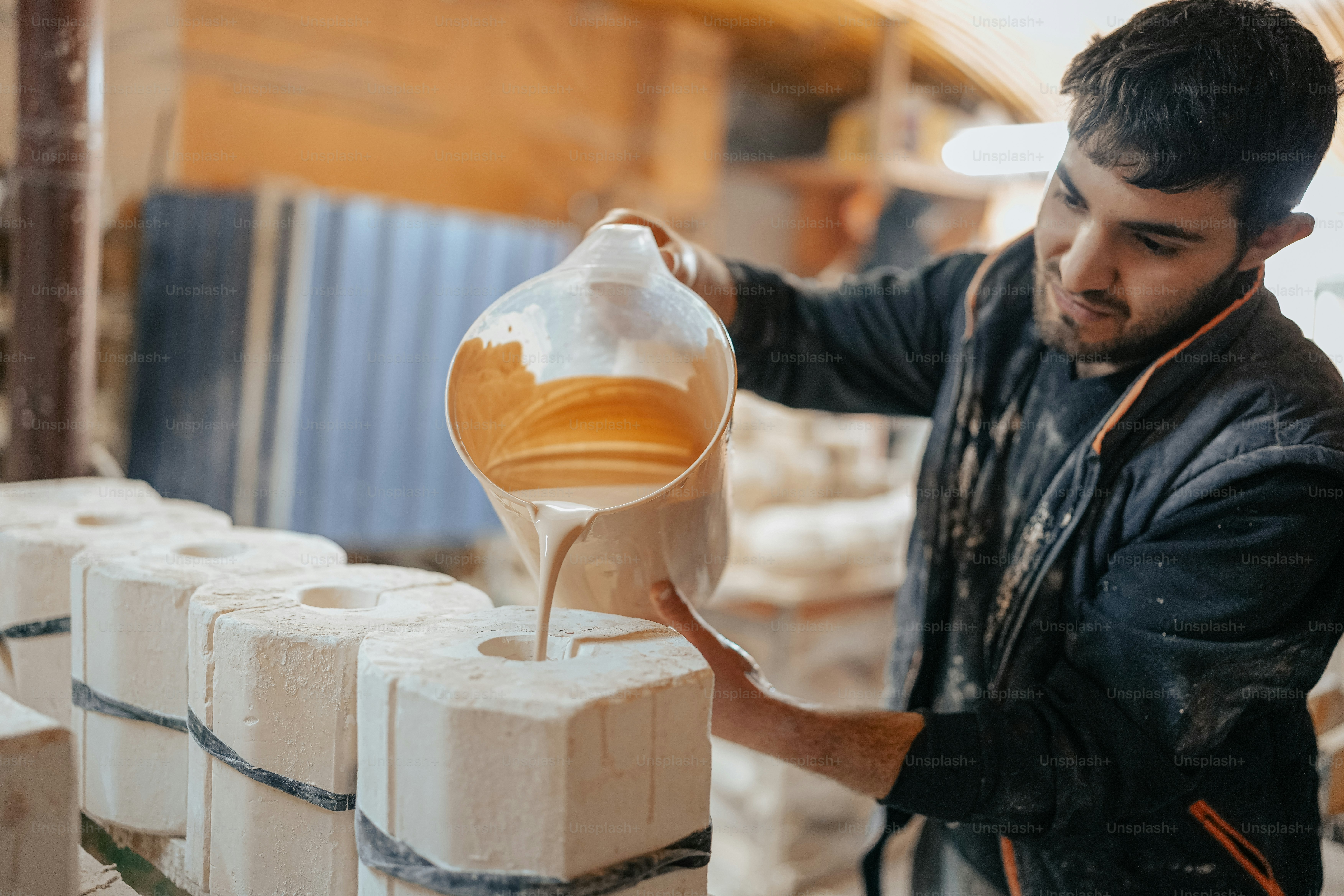 Un hombre está vertiendo algo en un recipiente