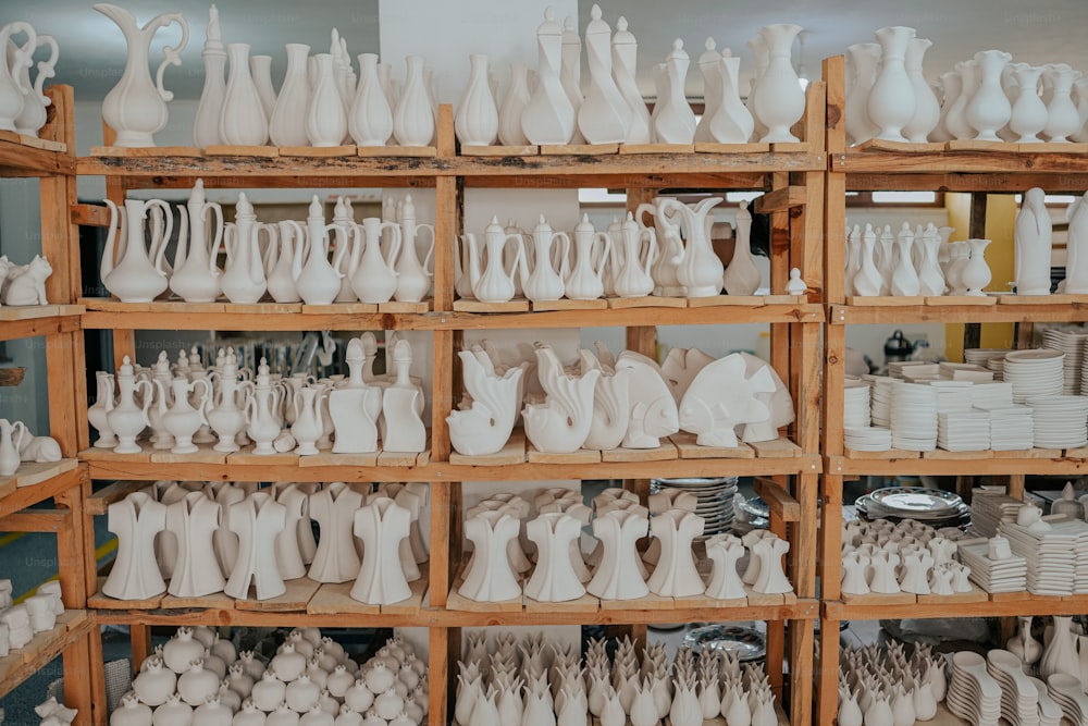 a shelf filled with lots of white vases