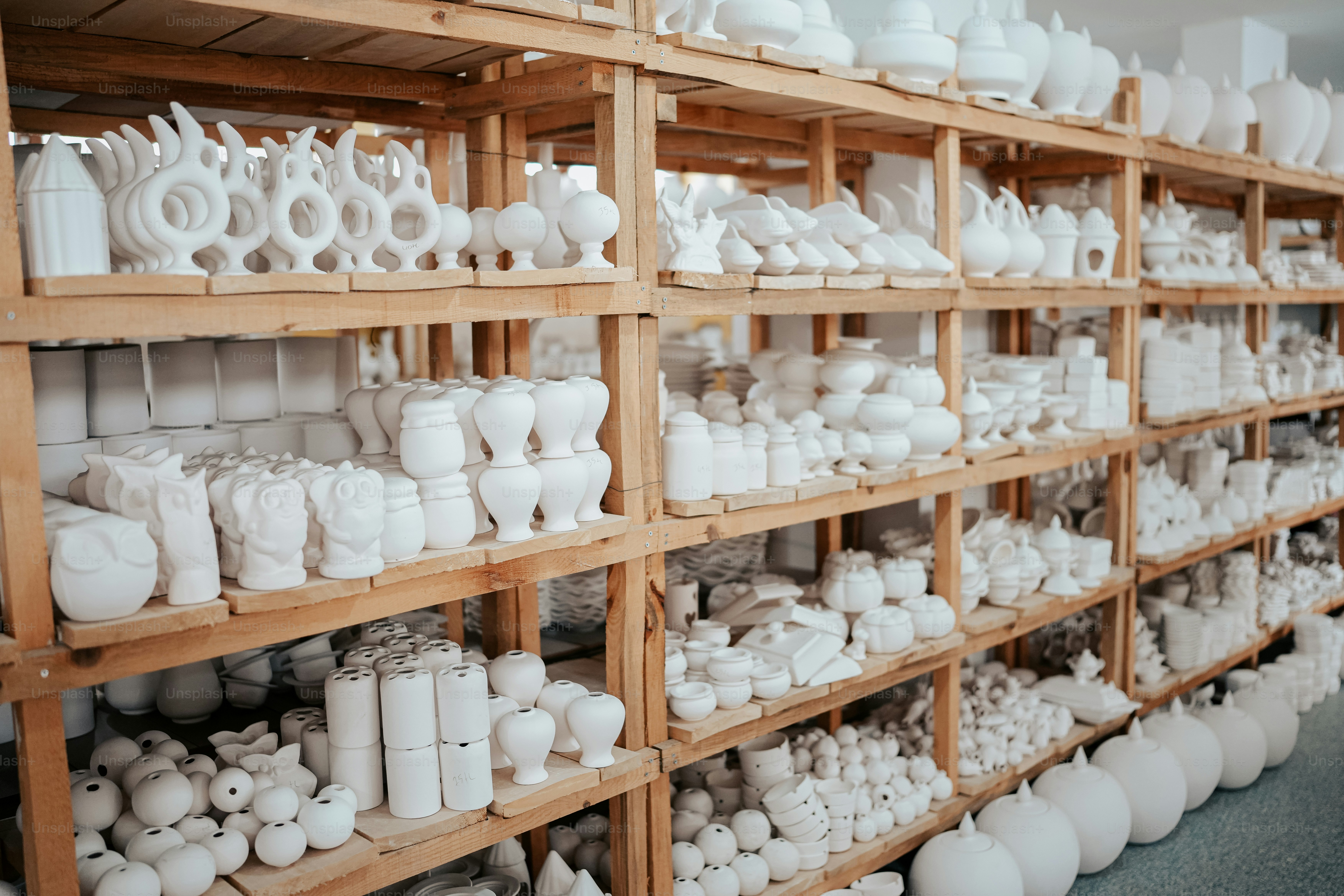 a shelf filled with lots of white vases