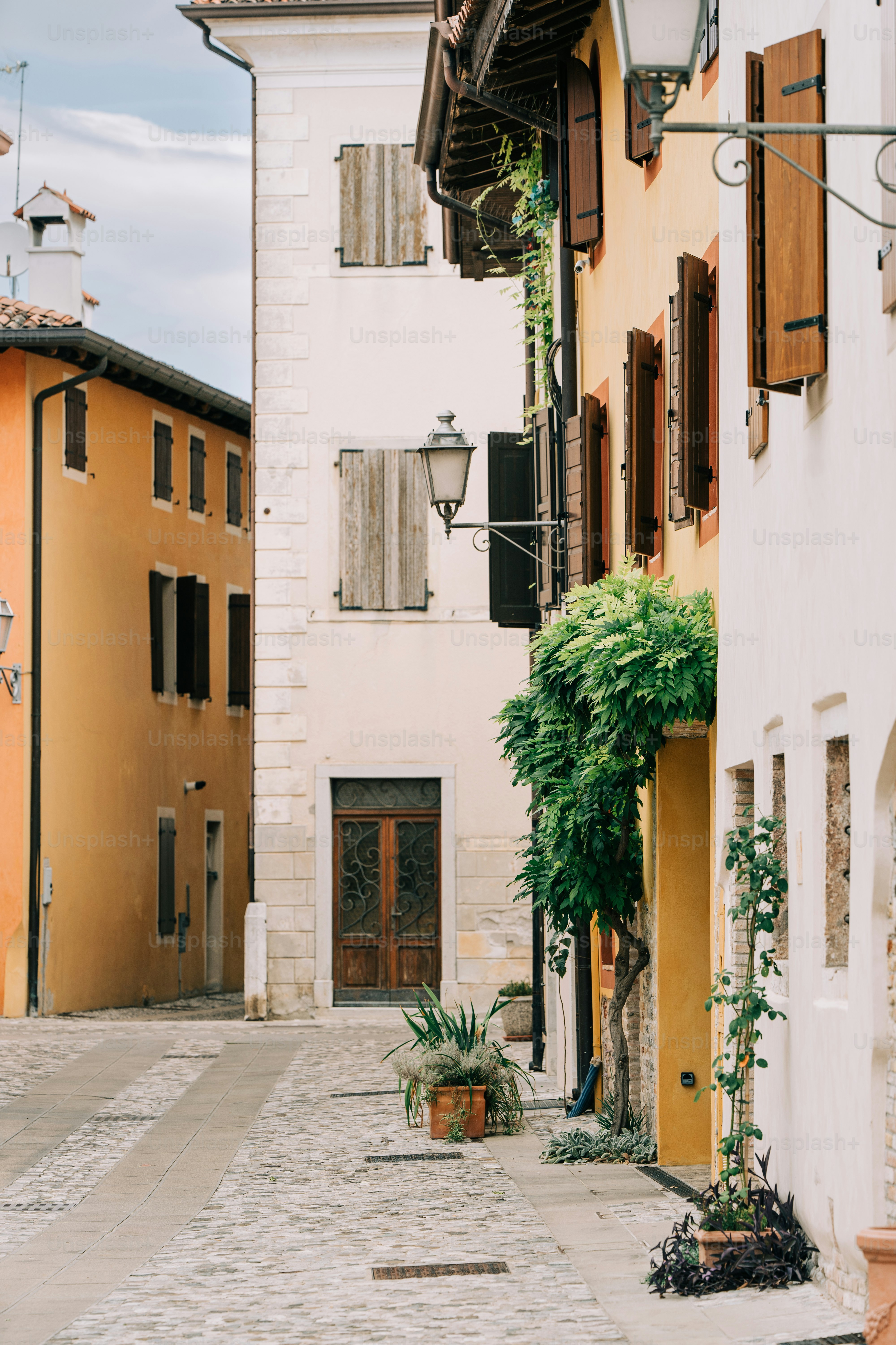 Eine Kopfsteinpflasterstraße mit Gebäuden und Topfpflanzen