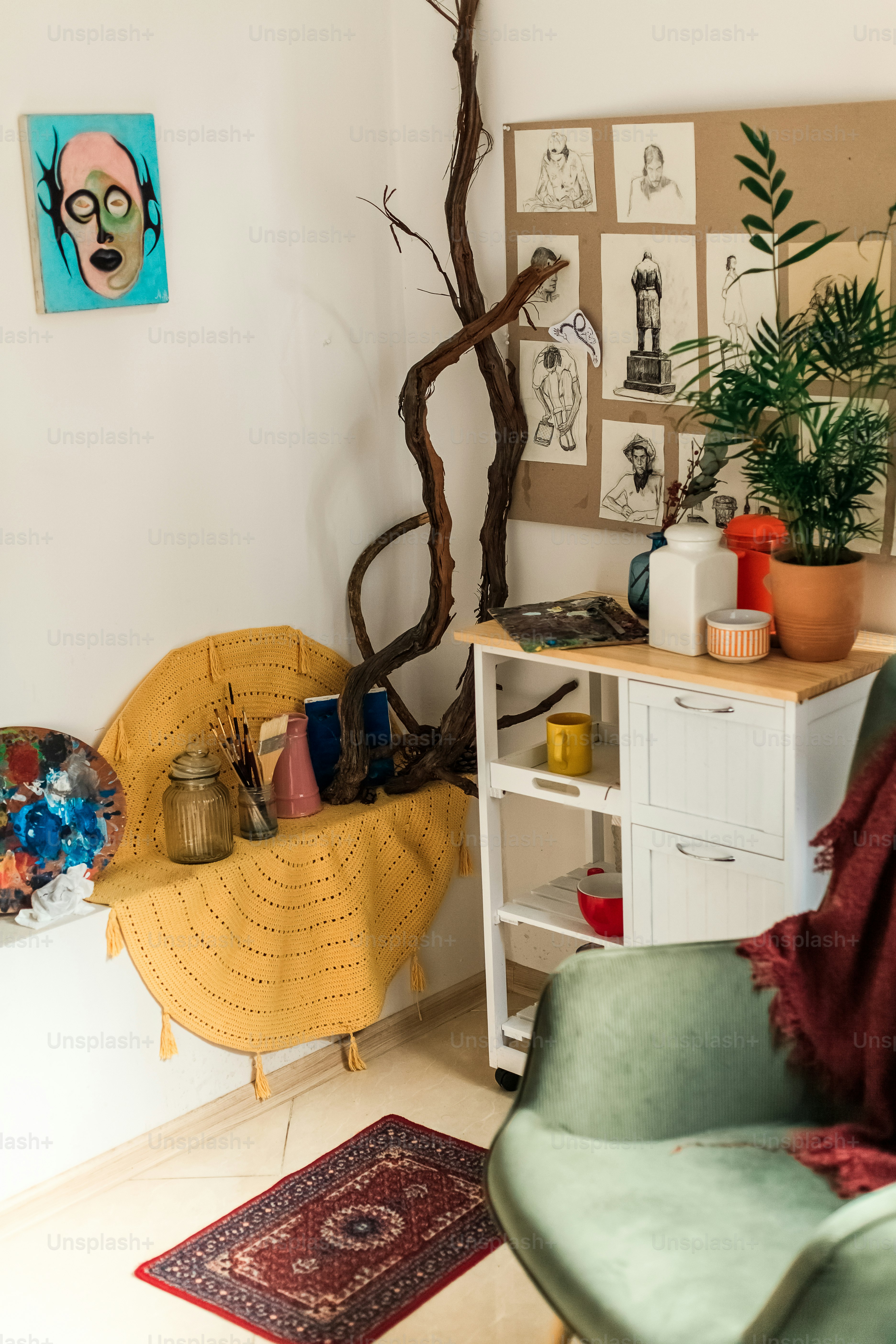 a room filled with furniture and a tree