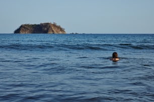 배경에 작은 섬이 있는 바다에서 수영하는 사람