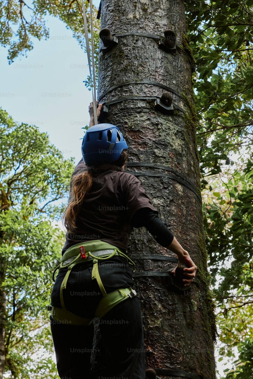 a woman climbing up the side of a tree