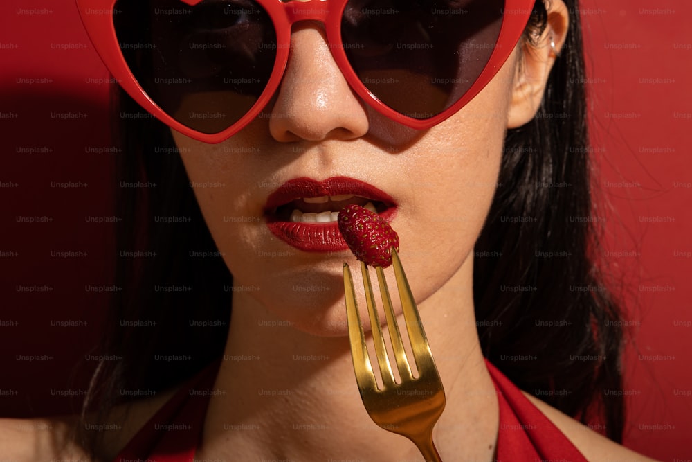 a woman wearing heart shaped sunglasses and eating a strawberry