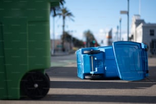 a couple of blue trash cans sitting on the side of a road