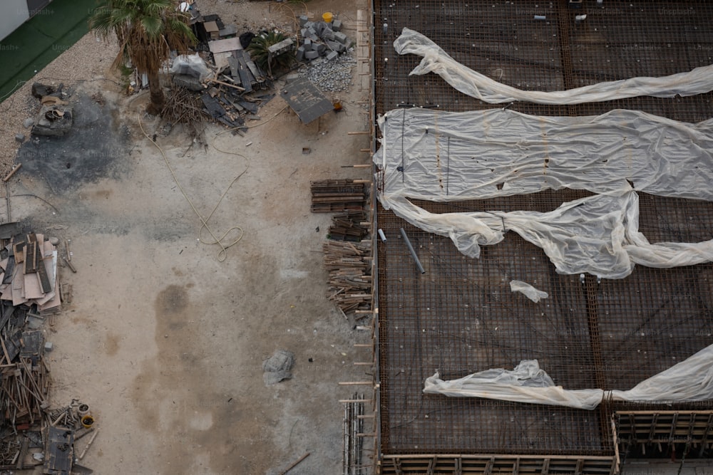 an aerial view of a construction site with plastic covering it