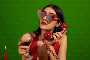 a woman in a red dress holding a glass of wine and a phone