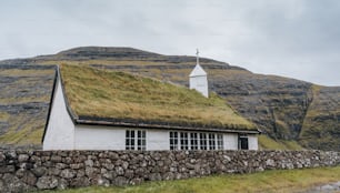 uma casa com um telhado de grama e uma parede de pedra