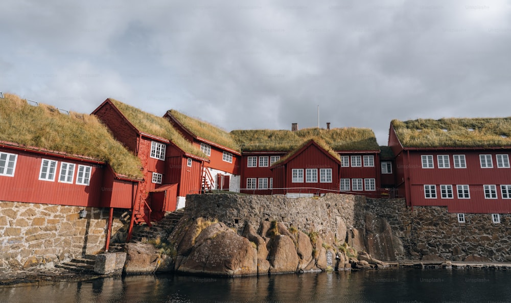 a row of red houses with grass roofs next to a body of water