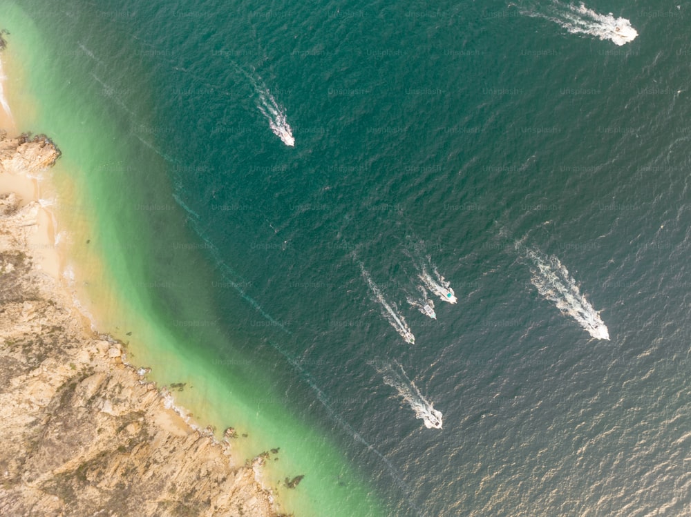 um grupo de barcos flutuando em cima de um grande corpo de água