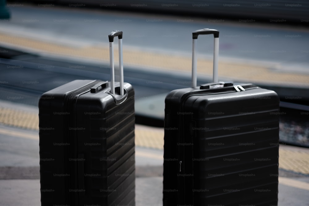 나란히 앉아있는 두 개의 검은 여행 가방