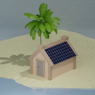une petite maison avec un panneau solaire au-dessus