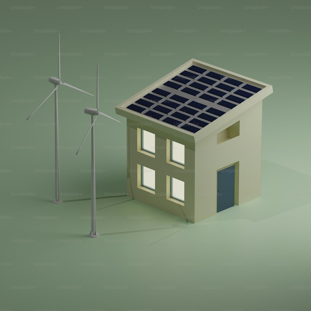 Una casa con un panel solar en el techo junto a una turbina eólica