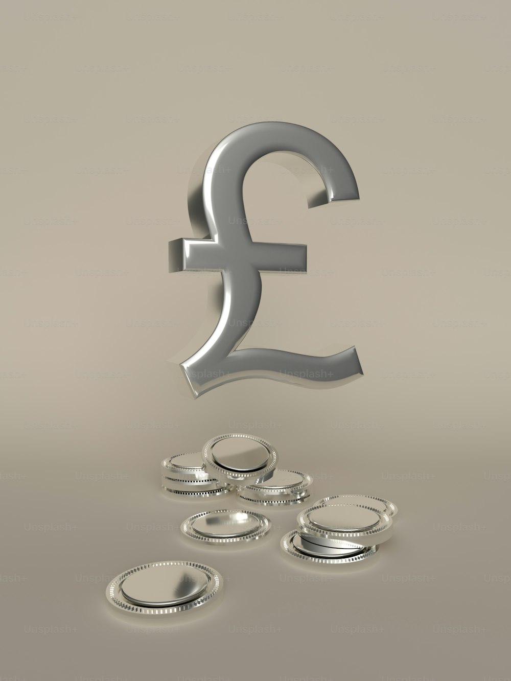 ein silbernes Pfundzeichen, umgeben von Münzen