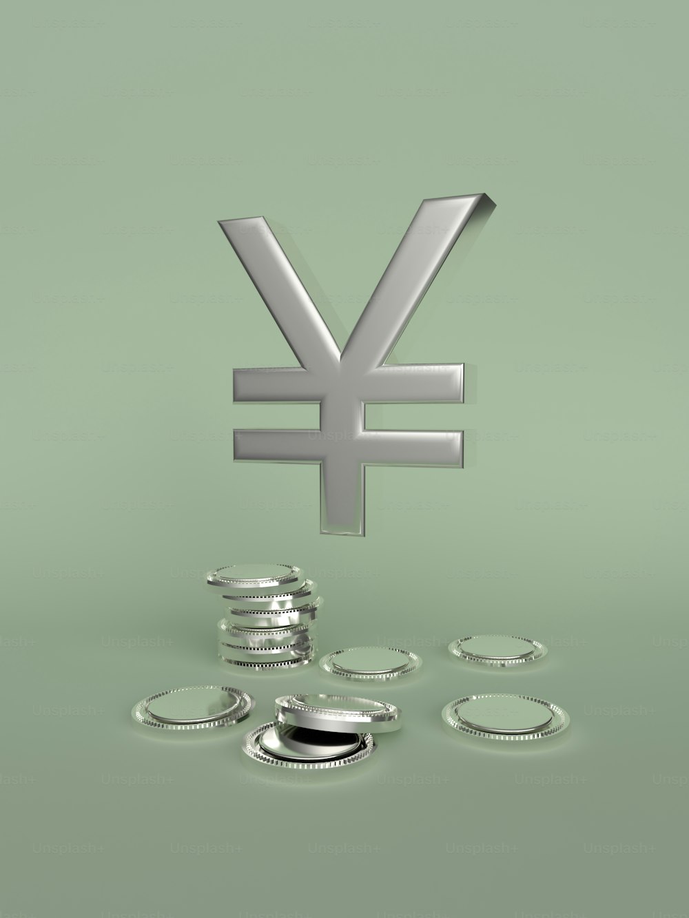 un simbolo di valuta d'argento seduto in cima a una pila di monete